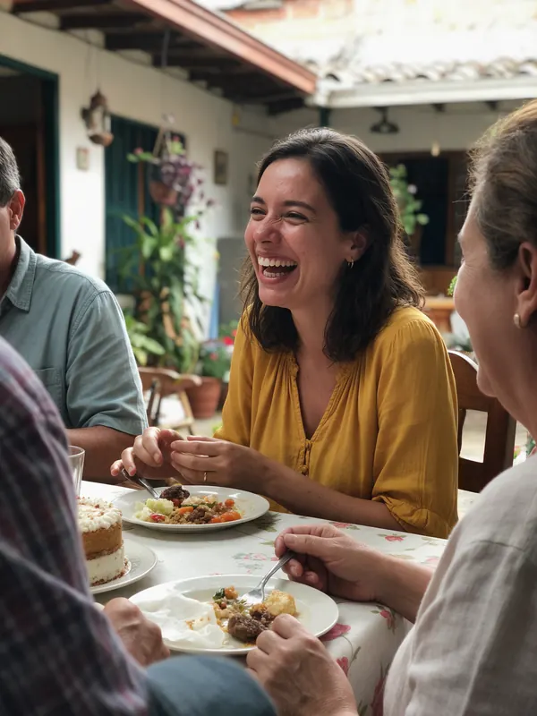 Mujer riéndose en un almuerzo familiar en el patio de su casa