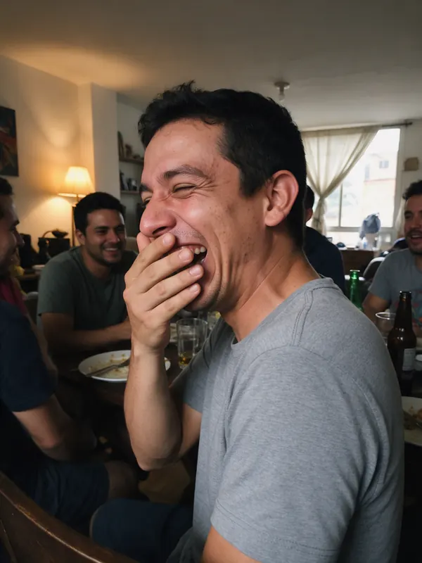 Hombre riéndose y tapándose la boca en una comida con amigos