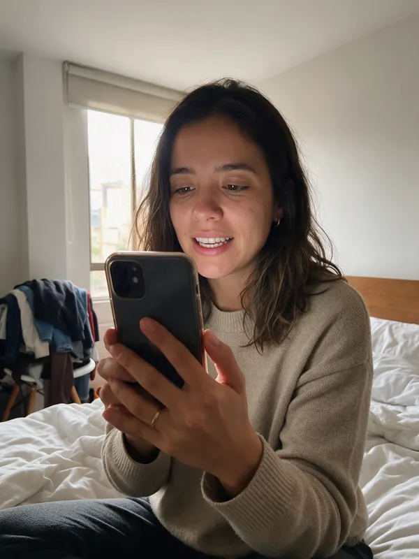 Mujer revisando su sonrisa en la cámara del celular, sentada en su cama