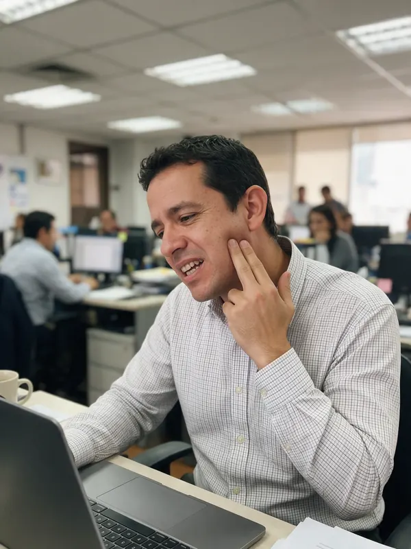 Hombre en su escritorio de oficina tocándose la mandíbula