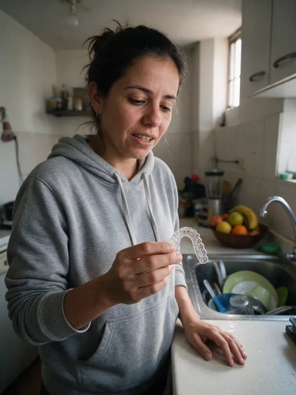 Mujer en la cocina de su casa mirando un retenedor viejo