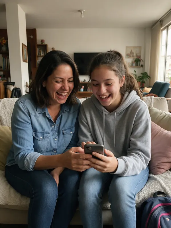 Mamá y su hija de 15 años riéndose con el celular en la sala de su casa